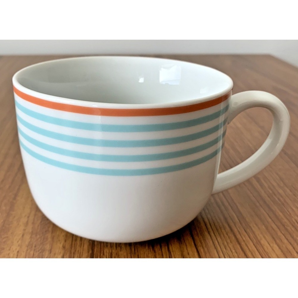 Pottery Barn Cheeky I Help End Hunger Coffee Mug Aqua Orange Stripe